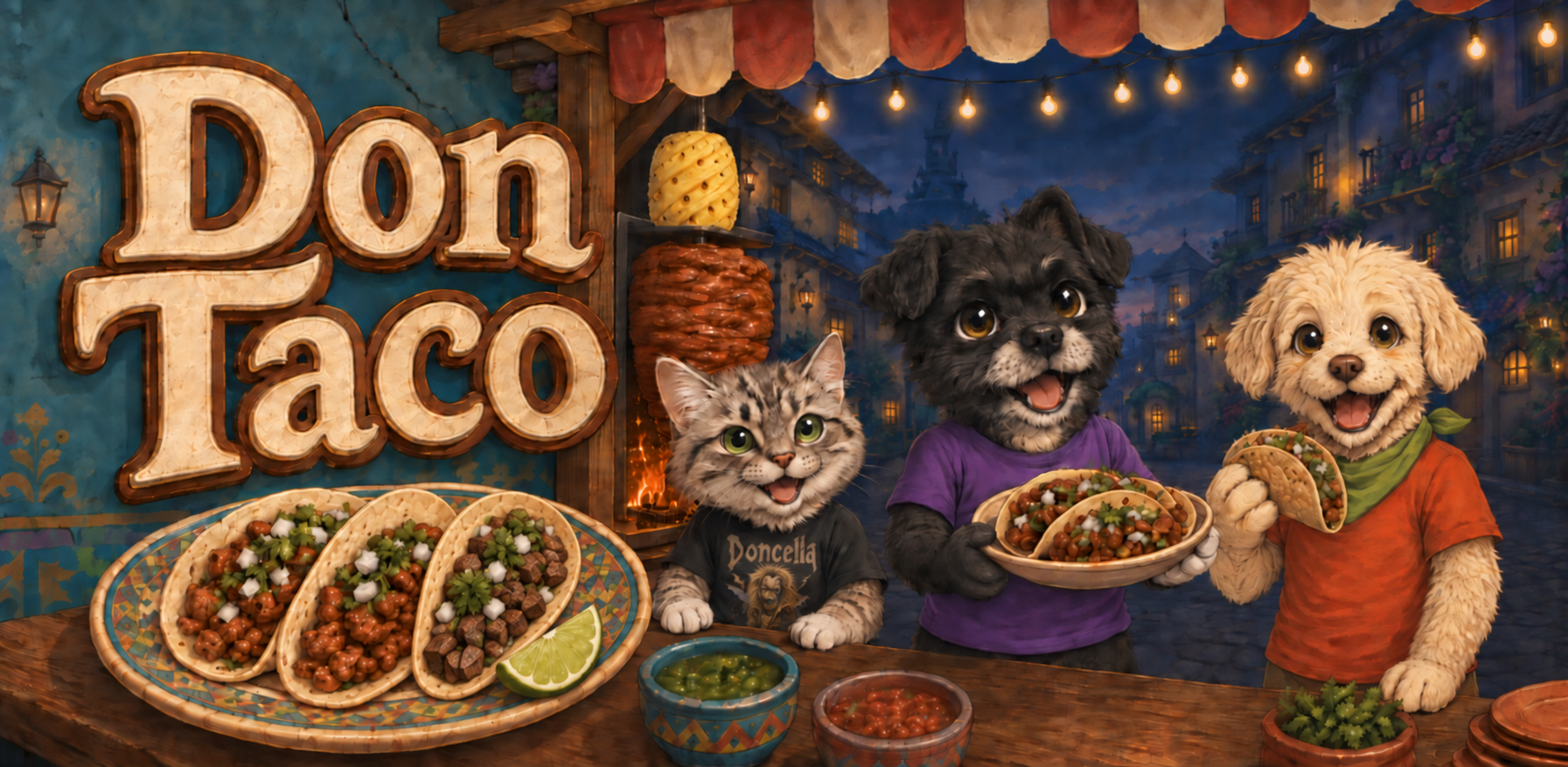 Don Taco: un gato gris y dos perritos disfrutan tacos en una taquería mexicana.